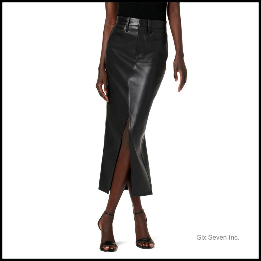 Reconstructed Midi Skirt with High Center Slit, Vegan Leather